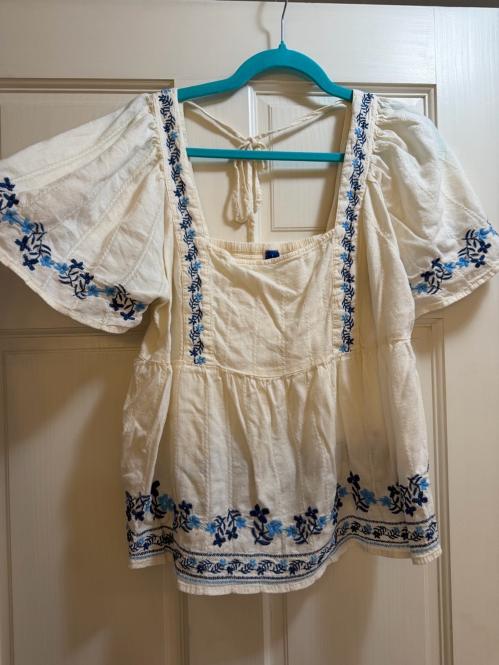 Old Navy Cream Peasant Blouse with Blue Embroidery